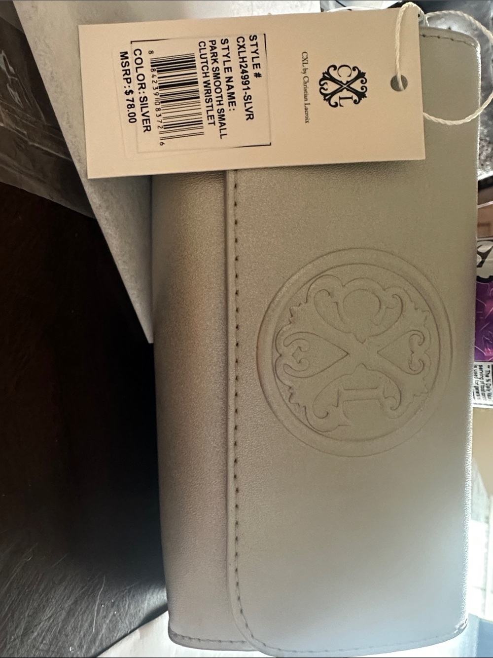 Christian Lacroix Silver Embossed Leather Clutch Wristlet